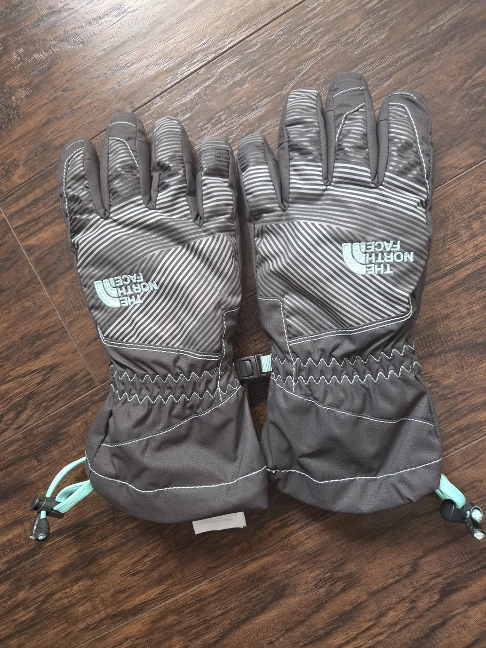 The North Face Gray Stripe Ski Gloves with Mint Accents